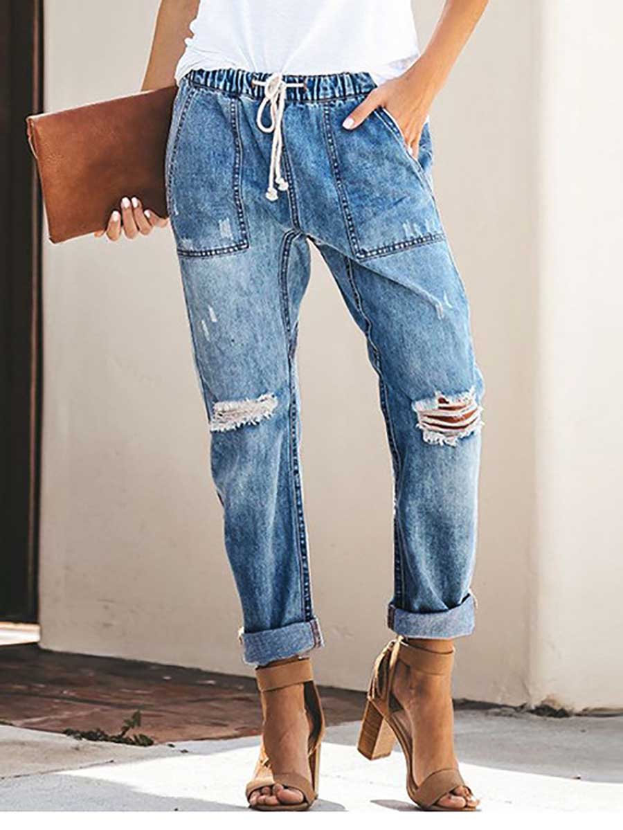 Veleaee Drawstring elastic waist ripped denim pants casual pants