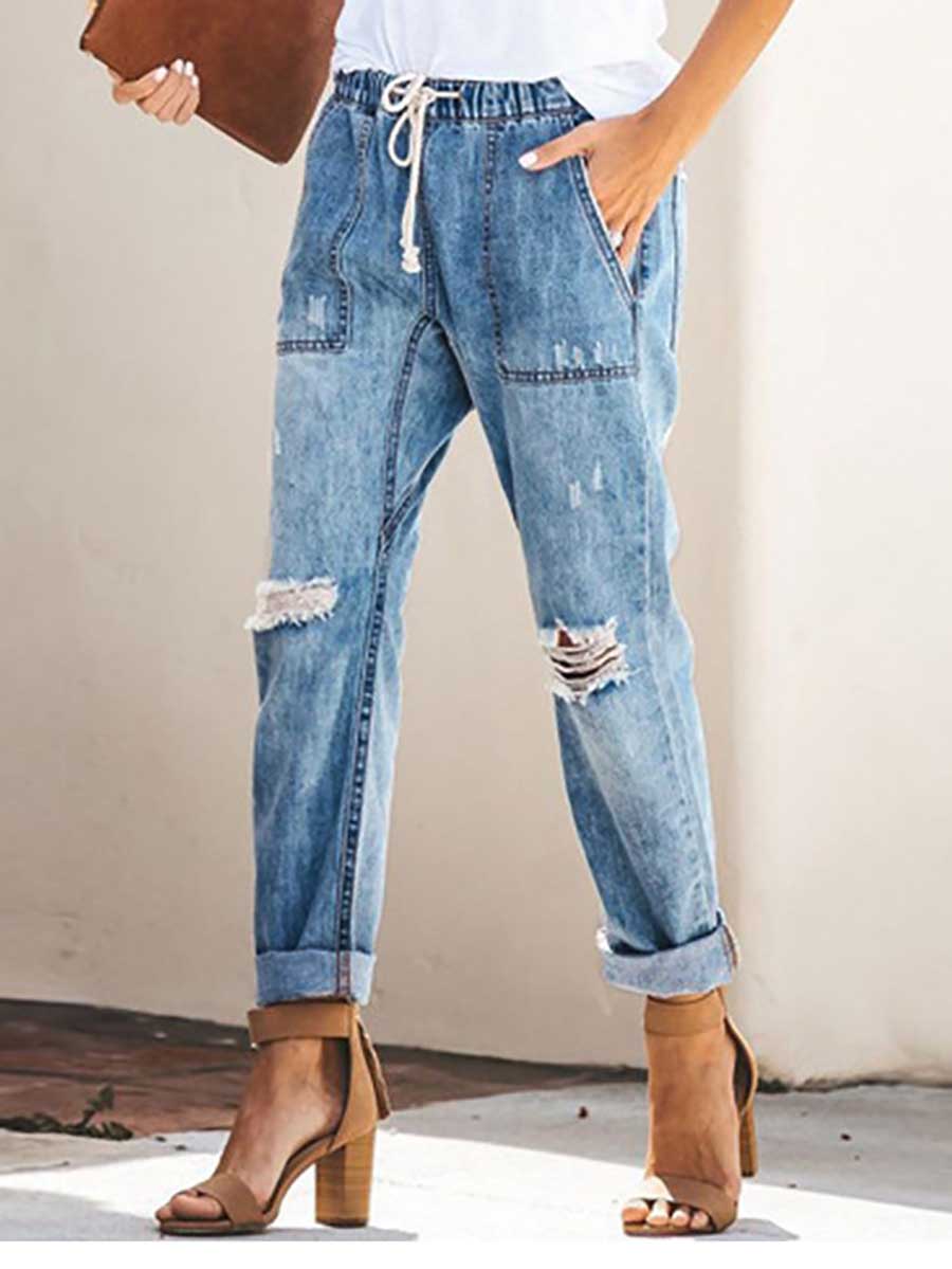 Veleaee Drawstring elastic waist ripped denim pants casual pants