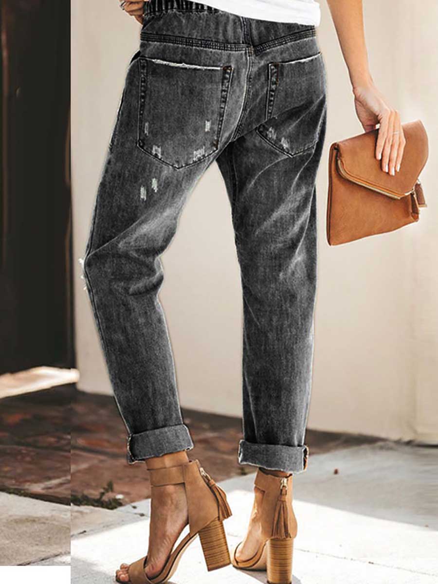 Veleaee Drawstring elastic waist ripped denim pants casual pants