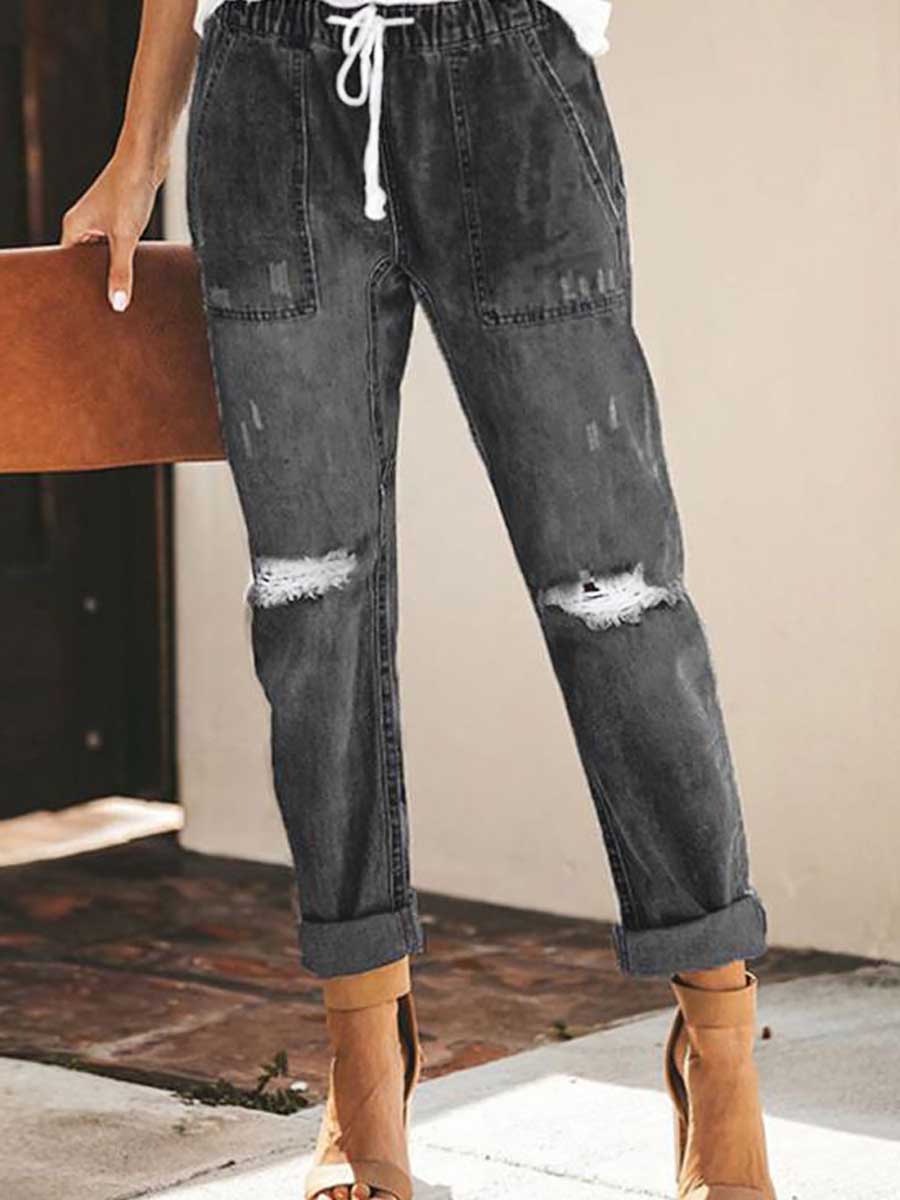 Veleaee Drawstring elastic waist ripped denim pants casual pants