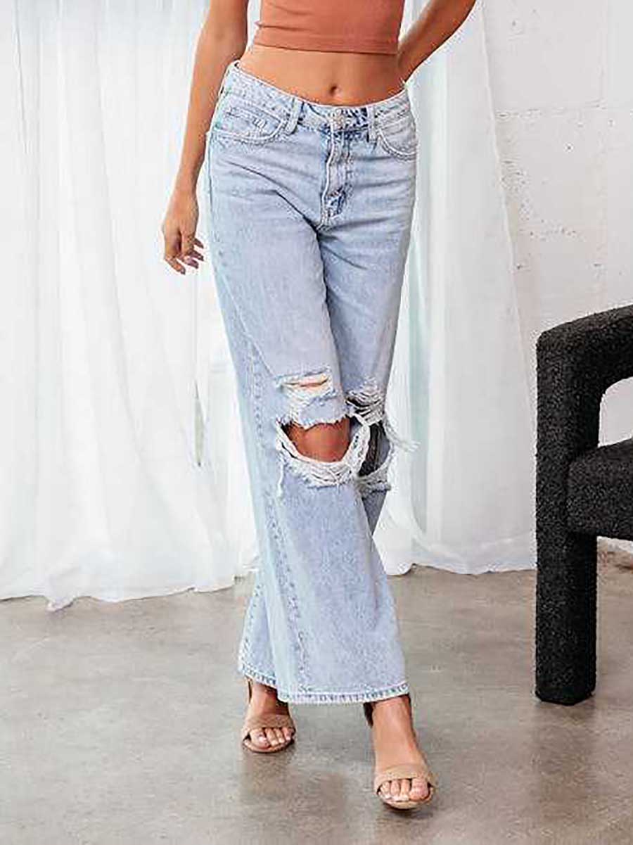 Veleaee Stylish ripped mid-waist wide-leg denim pants