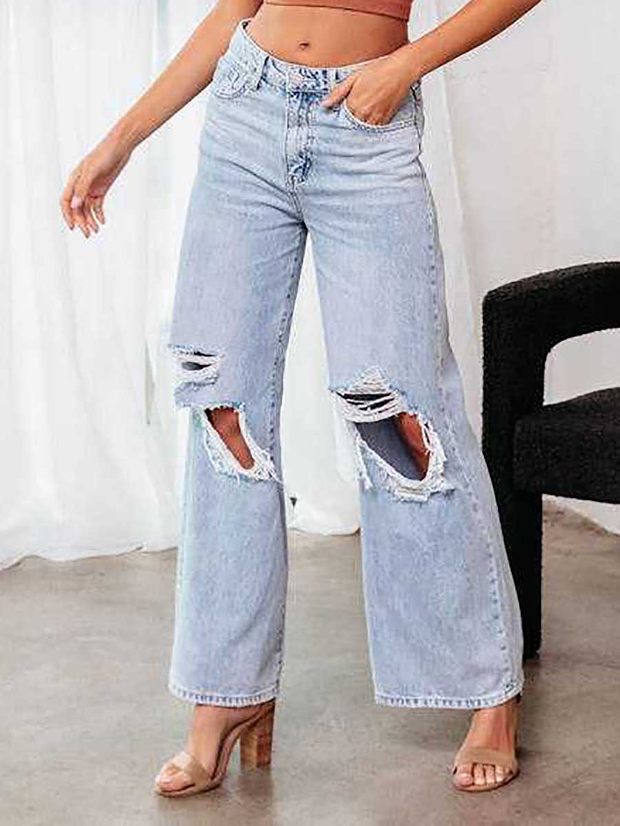 Veleaee Stylish ripped mid-waist wide-leg denim pants