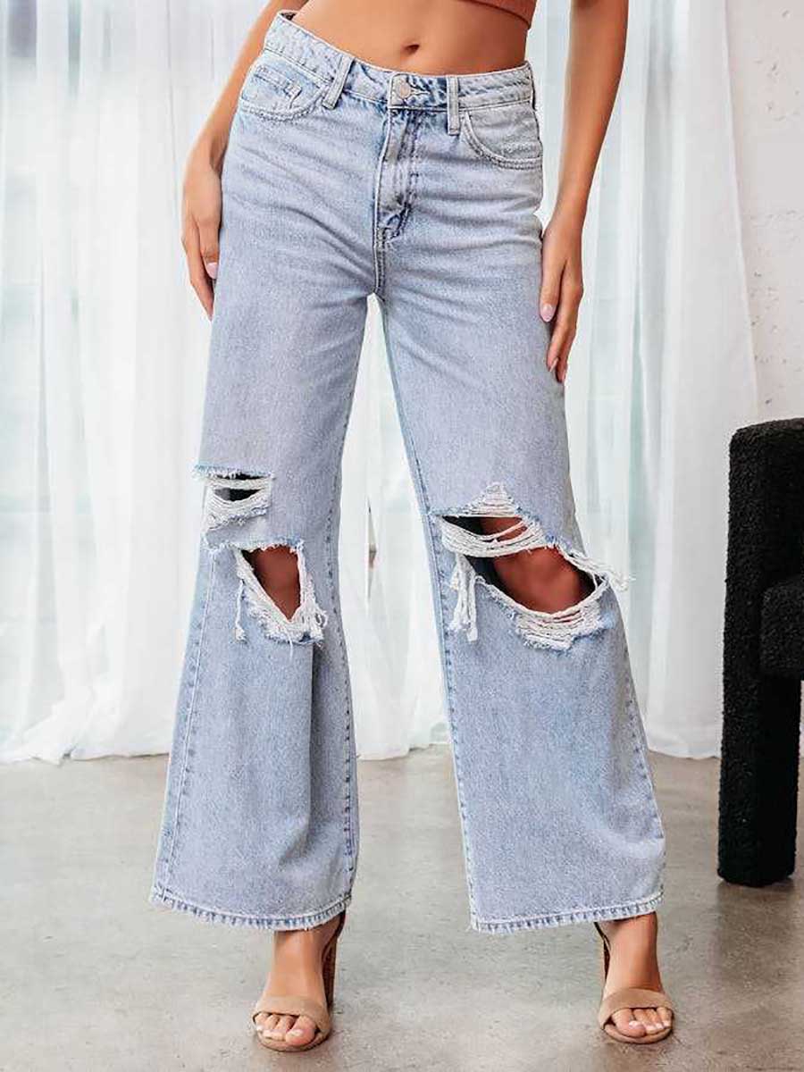Veleaee Stylish ripped mid-waist wide-leg denim pants