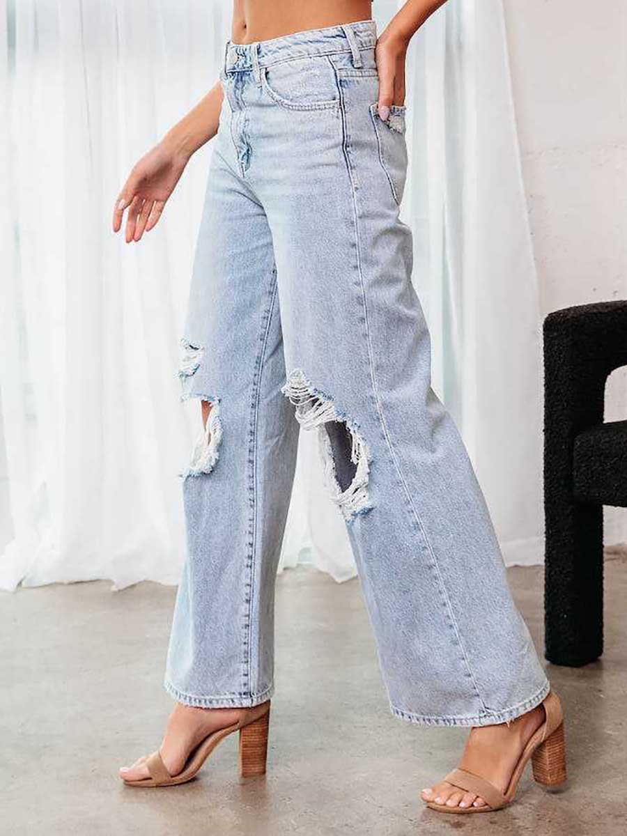 Veleaee Stylish ripped mid-waist wide-leg denim pants