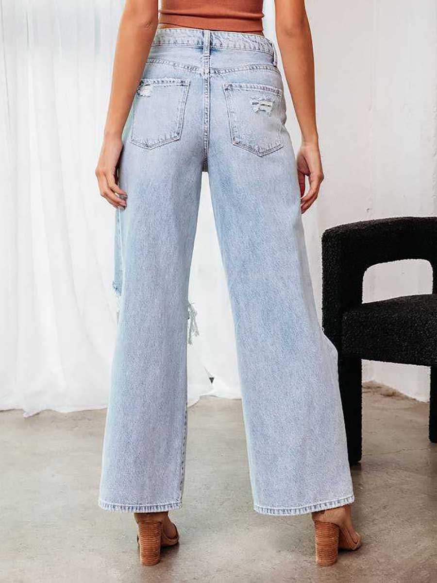 Veleaee Stylish ripped mid-waist wide-leg denim pants