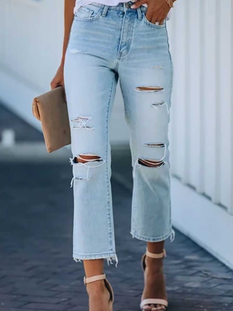 Veleaee Non-stretch Ripped Washed Jeans
