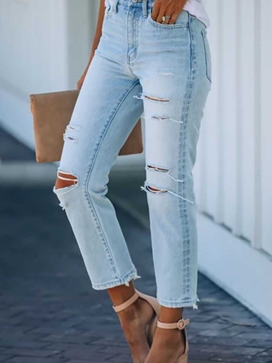 Veleaee Non-stretch Ripped Washed Jeans