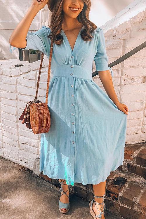 Veleaee Button Knot Sleeve Dress