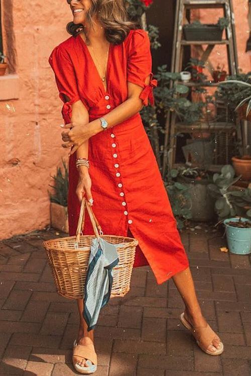 Veleaee Button Knot Sleeve Dress