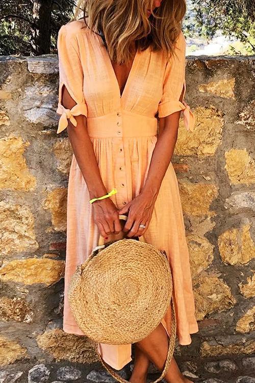 Veleaee Button Knot Sleeve Dress