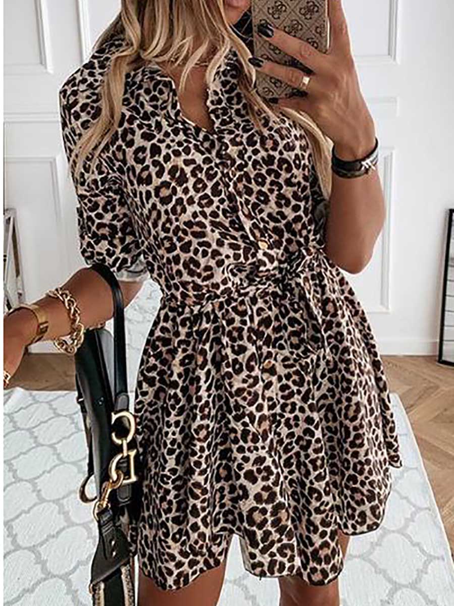 Veleaee Animal Print Belted Mini Dress