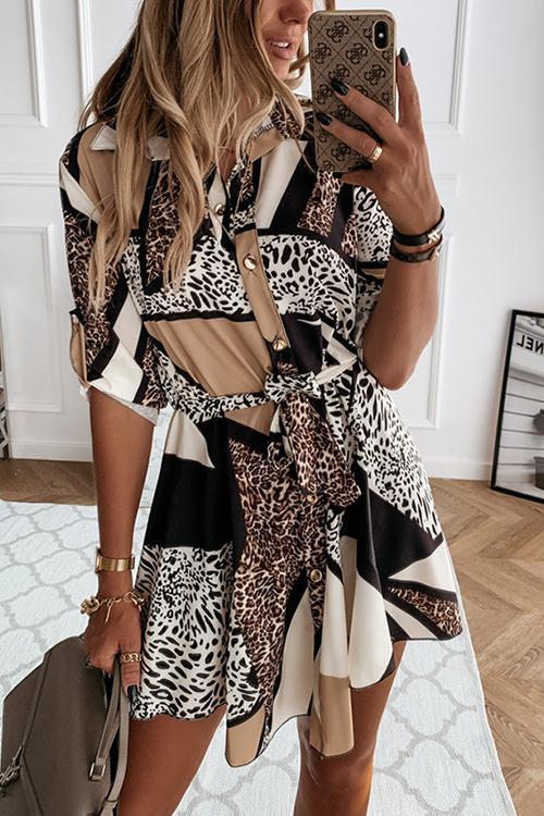 Veleaee Animal Print Belted Mini Dress