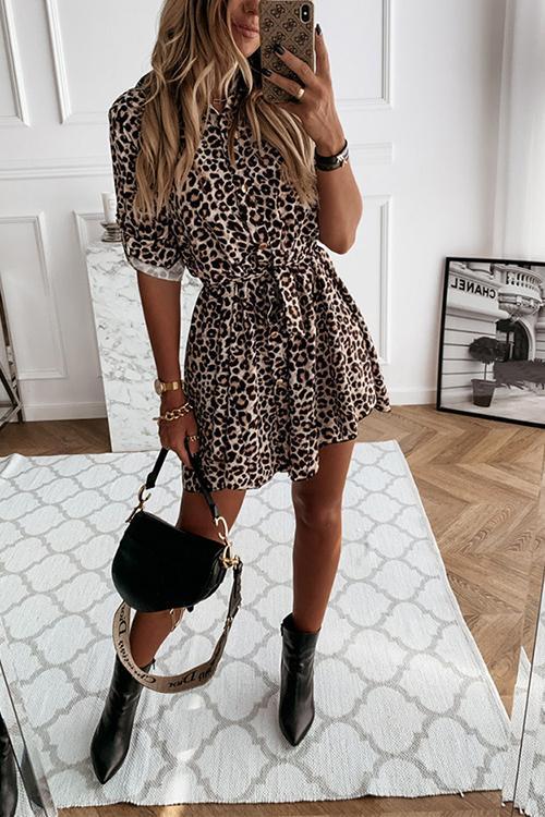 Veleaee Animal Print Belted Mini Dress