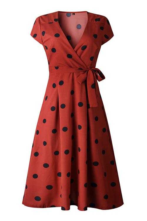 Veleaee Dot Print V Neck Sleeveless Dress