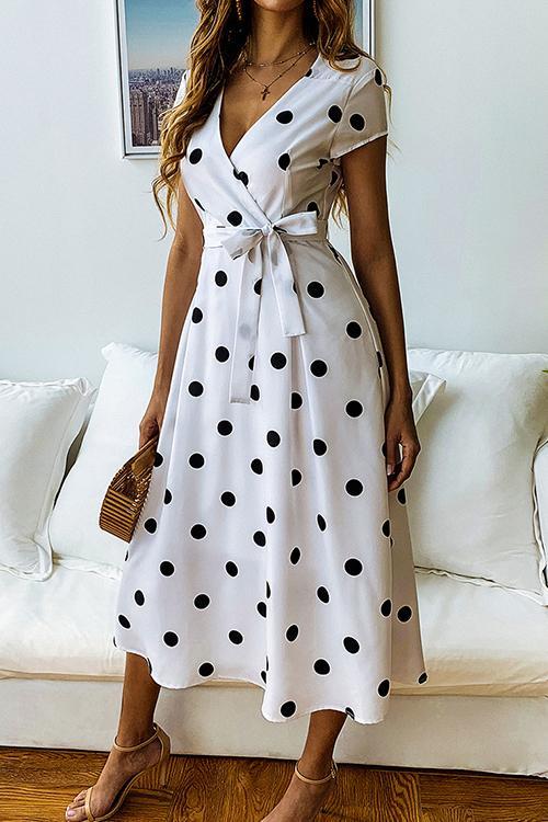 Veleaee Dot Print V Neck Sleeveless Dress