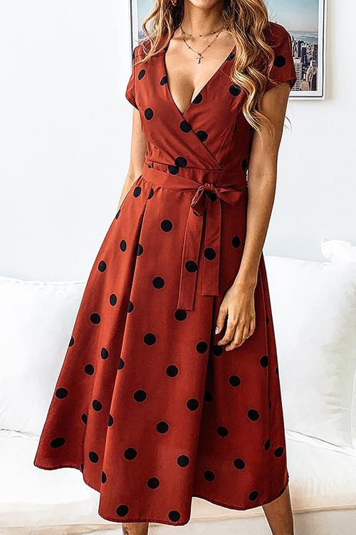 Veleaee Dot Print V Neck Sleeveless Dress