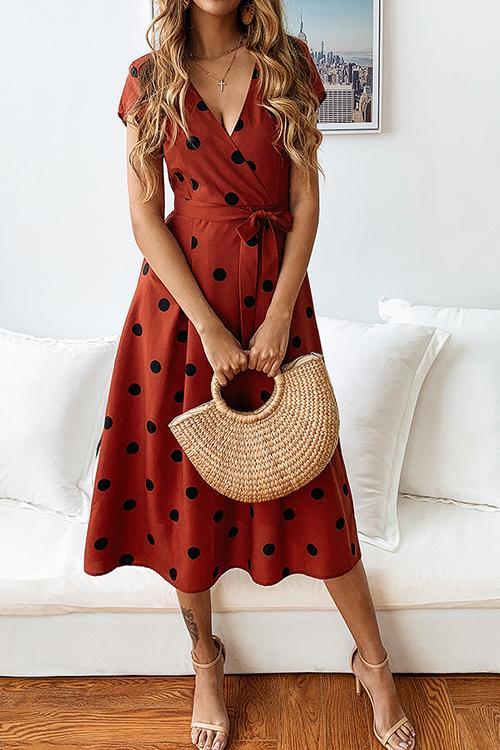 Veleaee Dot Print V Neck Sleeveless Dress