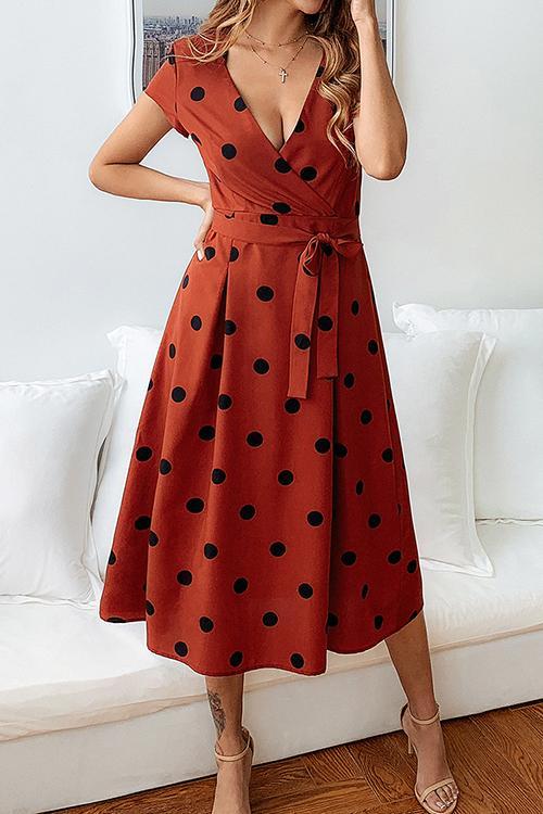 Veleaee Dot Print V Neck Sleeveless Dress
