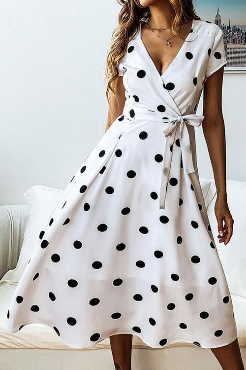 Veleaee Dot Print V Neck Sleeveless Dress