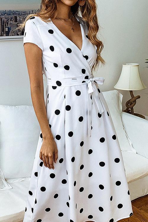Veleaee Dot Print V Neck Sleeveless Dress