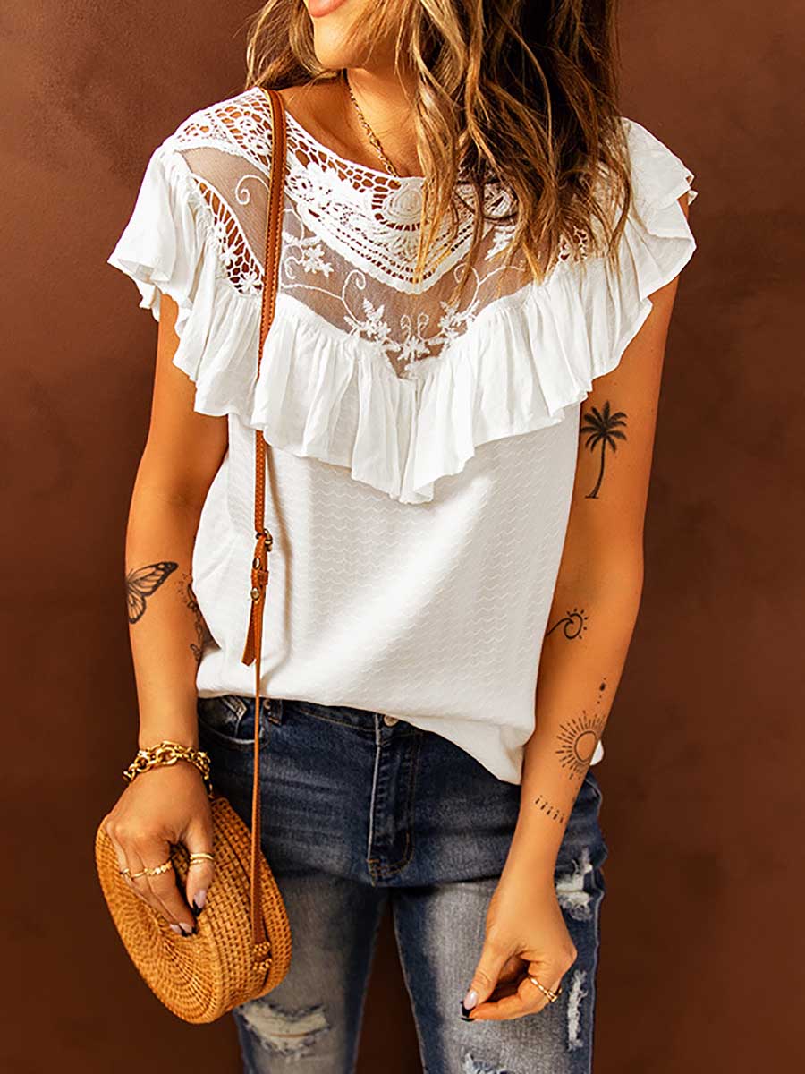 Veleaee Lace Ruffle Round Neck Top