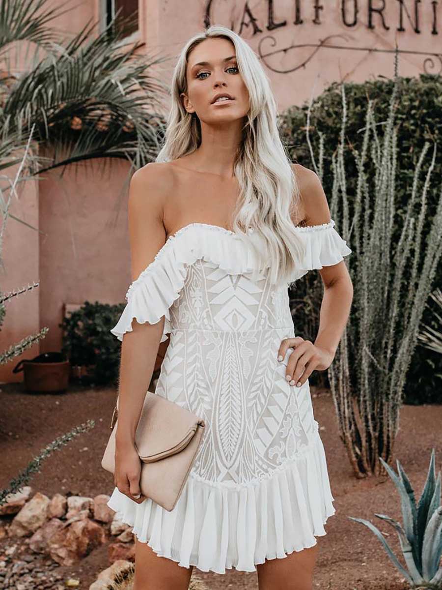 Veleaee Lace Pleated Ruffle One-Shoulder Dress