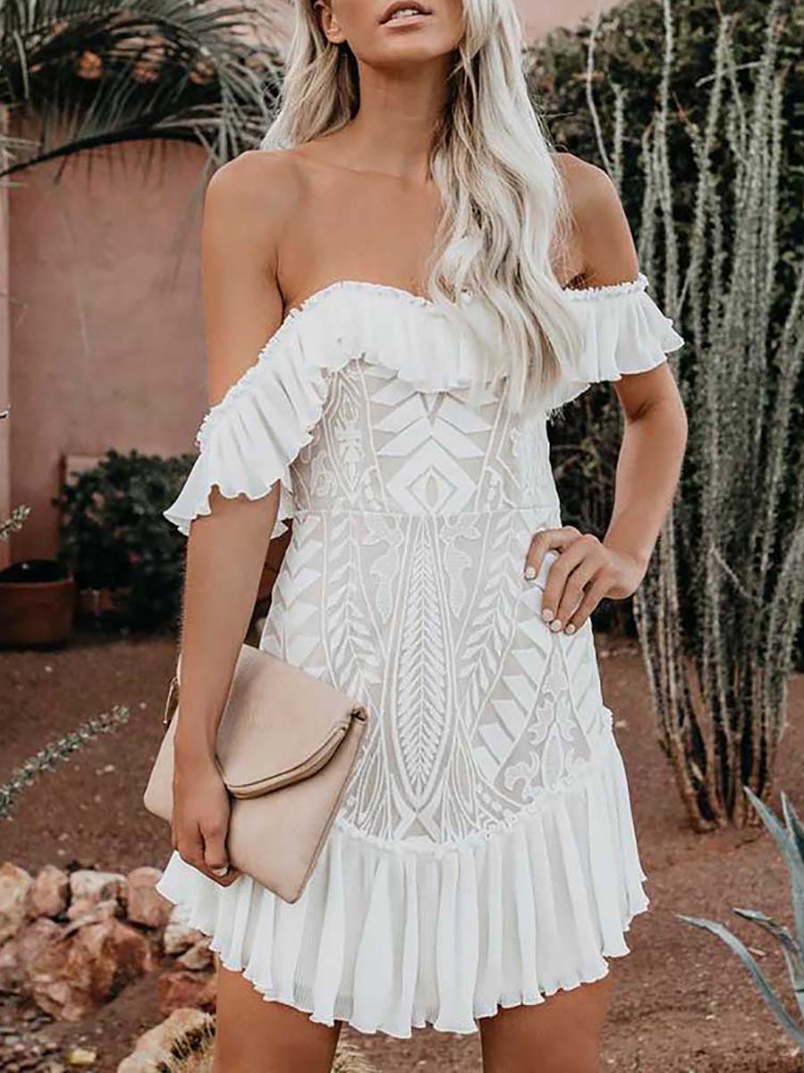 Veleaee Lace Pleated Ruffle One-Shoulder Dress