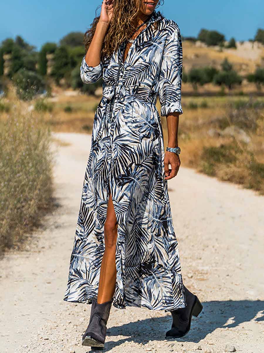 Veleaee Printed Lace-Up Loose Maxi dress