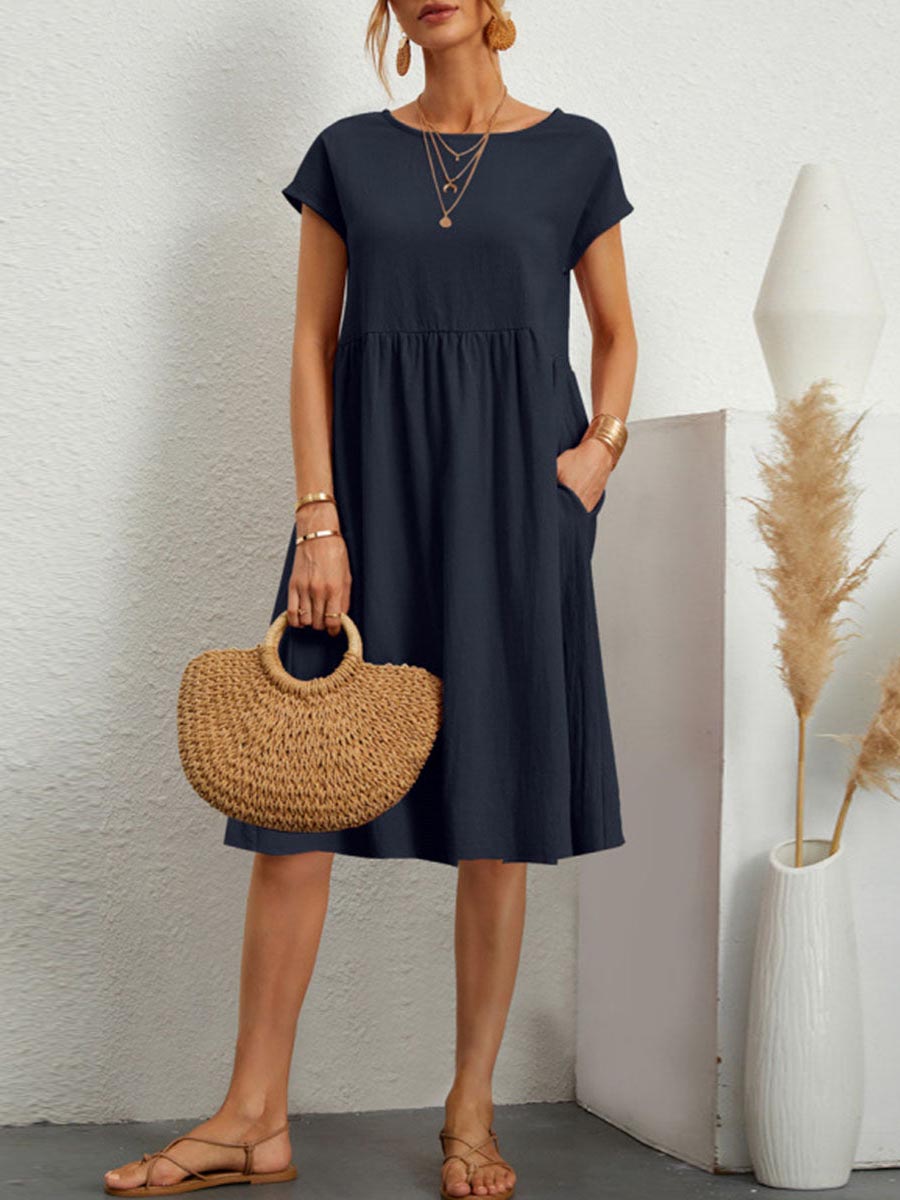 Veleaee Casual Solid Patchwork O Neck A Line Short Sleeve Dress(11 Colors)