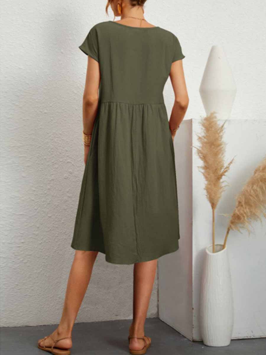 Veleaee Casual Solid Patchwork O Neck A Line Short Sleeve Dress(11 Colors)