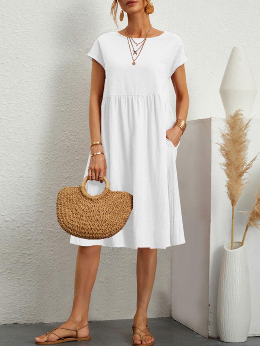 Veleaee Casual Solid Patchwork O Neck A Line Short Sleeve Dress(11 Colors)