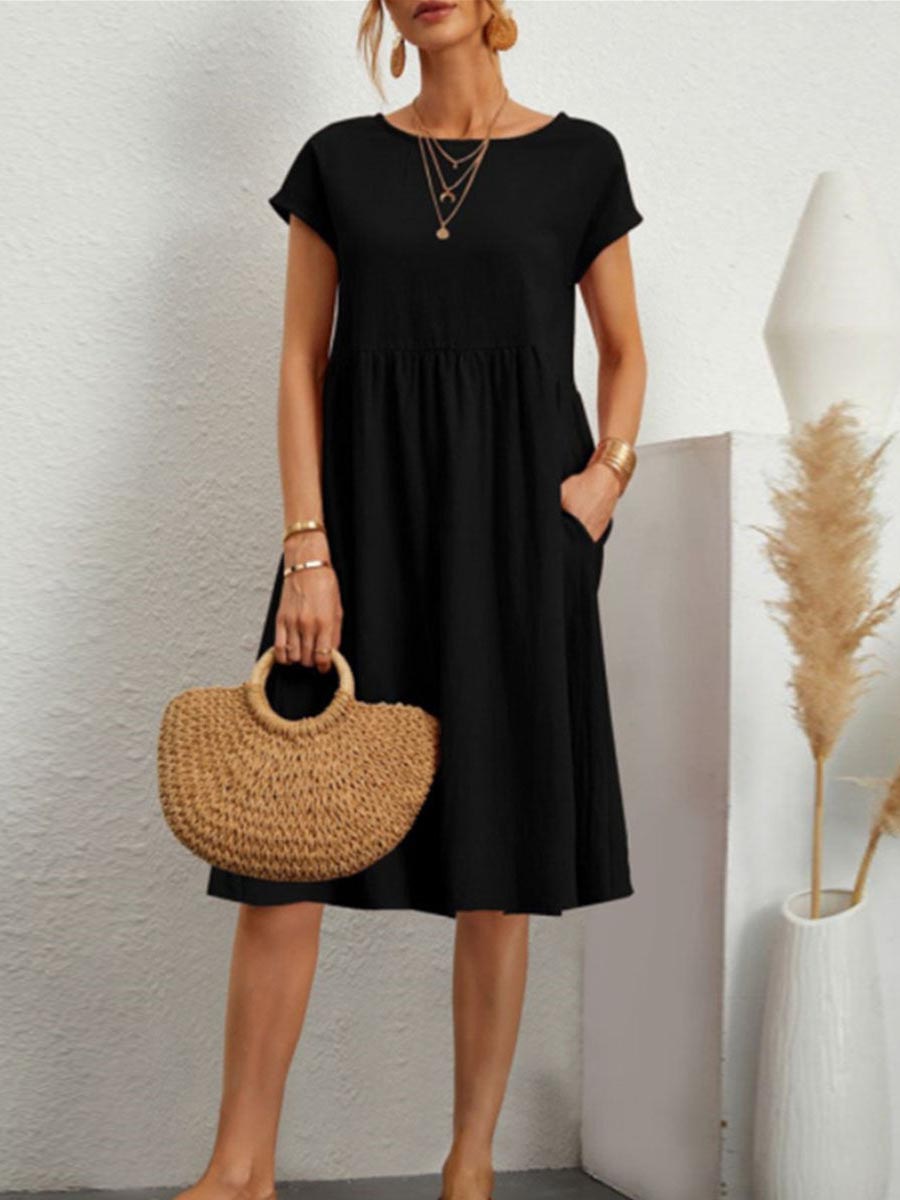 Veleaee Casual Solid Patchwork O Neck A Line Short Sleeve Dress(11 Colors)