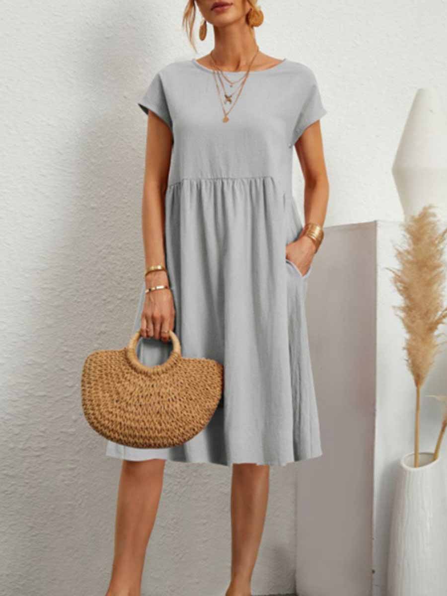 Veleaee Casual Solid Patchwork O Neck A Line Short Sleeve Dress(11 Colors)