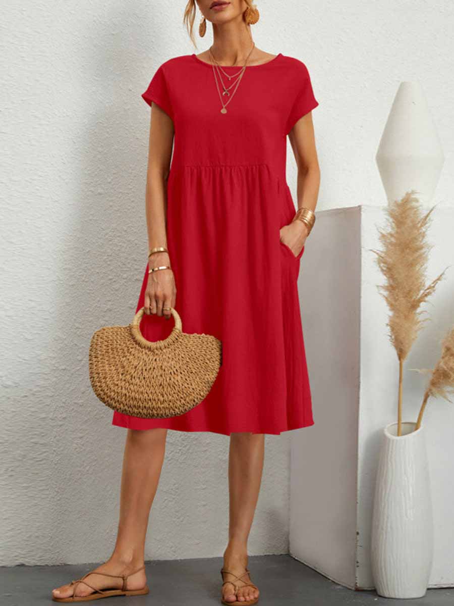 Veleaee Casual Solid Patchwork O Neck A Line Short Sleeve Dress(11 Colors)