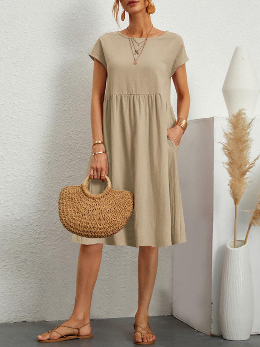 Veleaee Casual Solid Patchwork O Neck A Line Short Sleeve Dress(11 Colors)