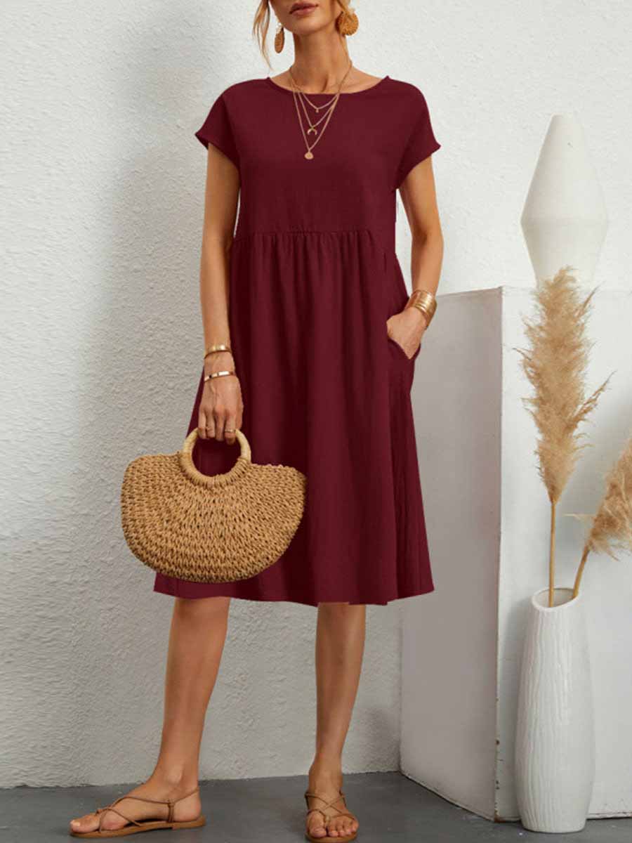 Veleaee Casual Solid Patchwork O Neck A Line Short Sleeve Dress(11 Colors)