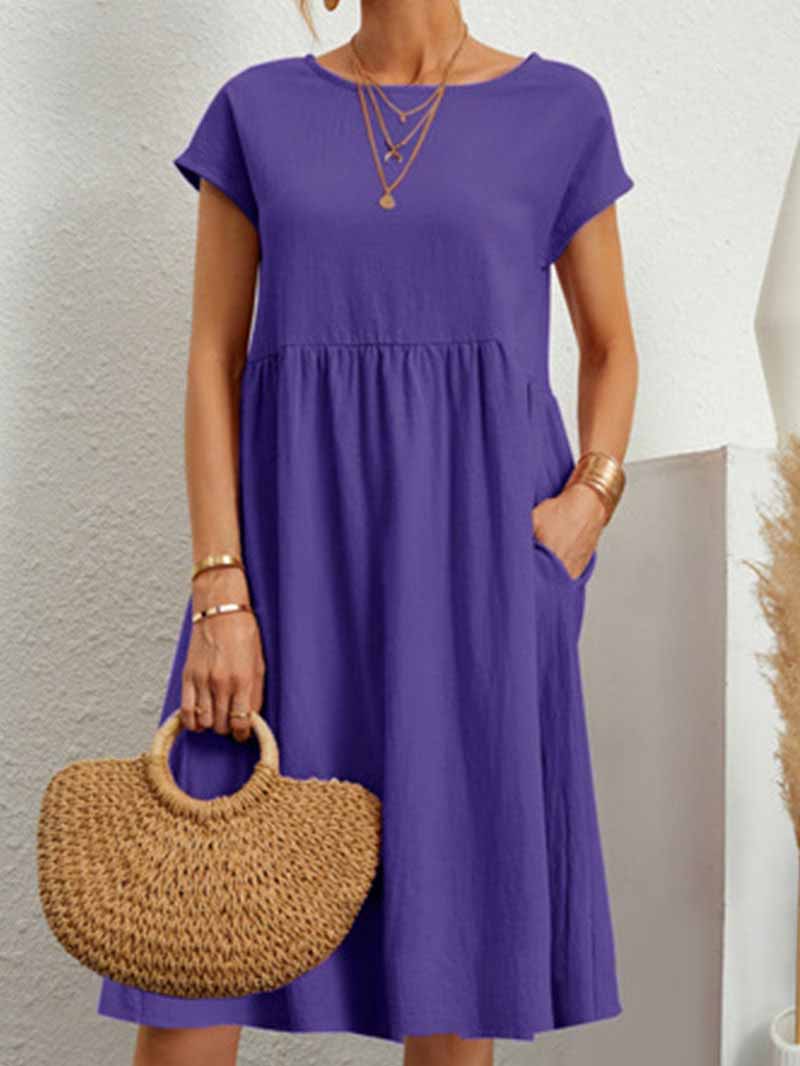 Veleaee Casual Solid Patchwork O Neck A Line Short Sleeve Dress(11 Colors)