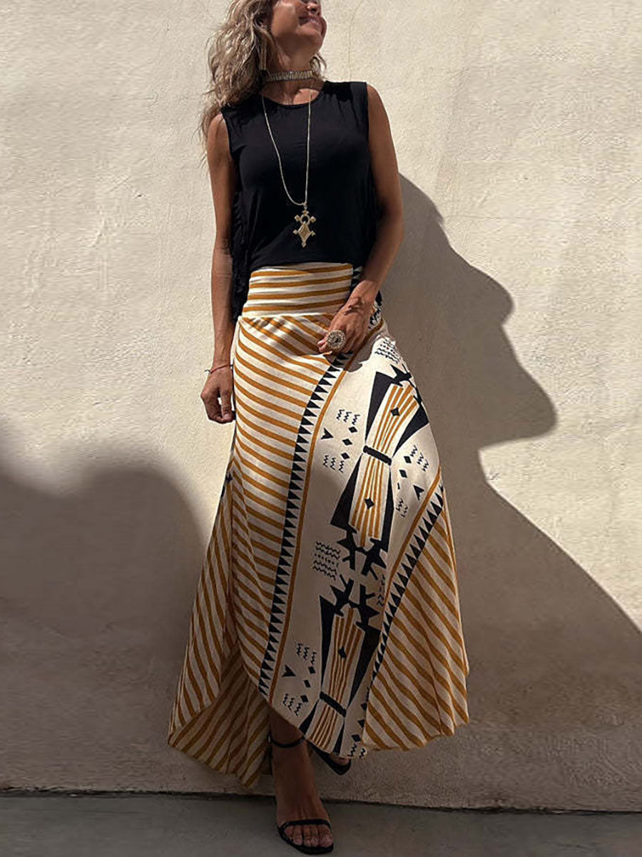 Veleaee Eva Satin Geometric Print Elastic Waist Maxi Skirt