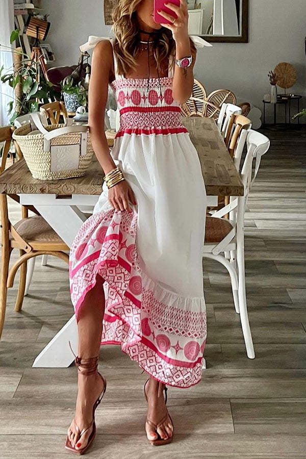 Veleaee Printed Smocked Shoulder Tie Maxi Dress