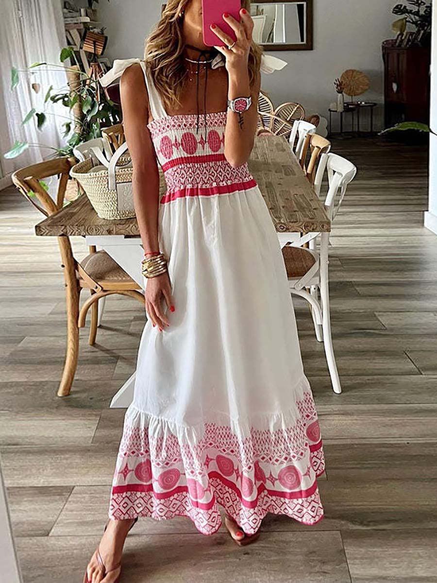 Veleaee Printed Smocked Shoulder Tie Maxi Dress