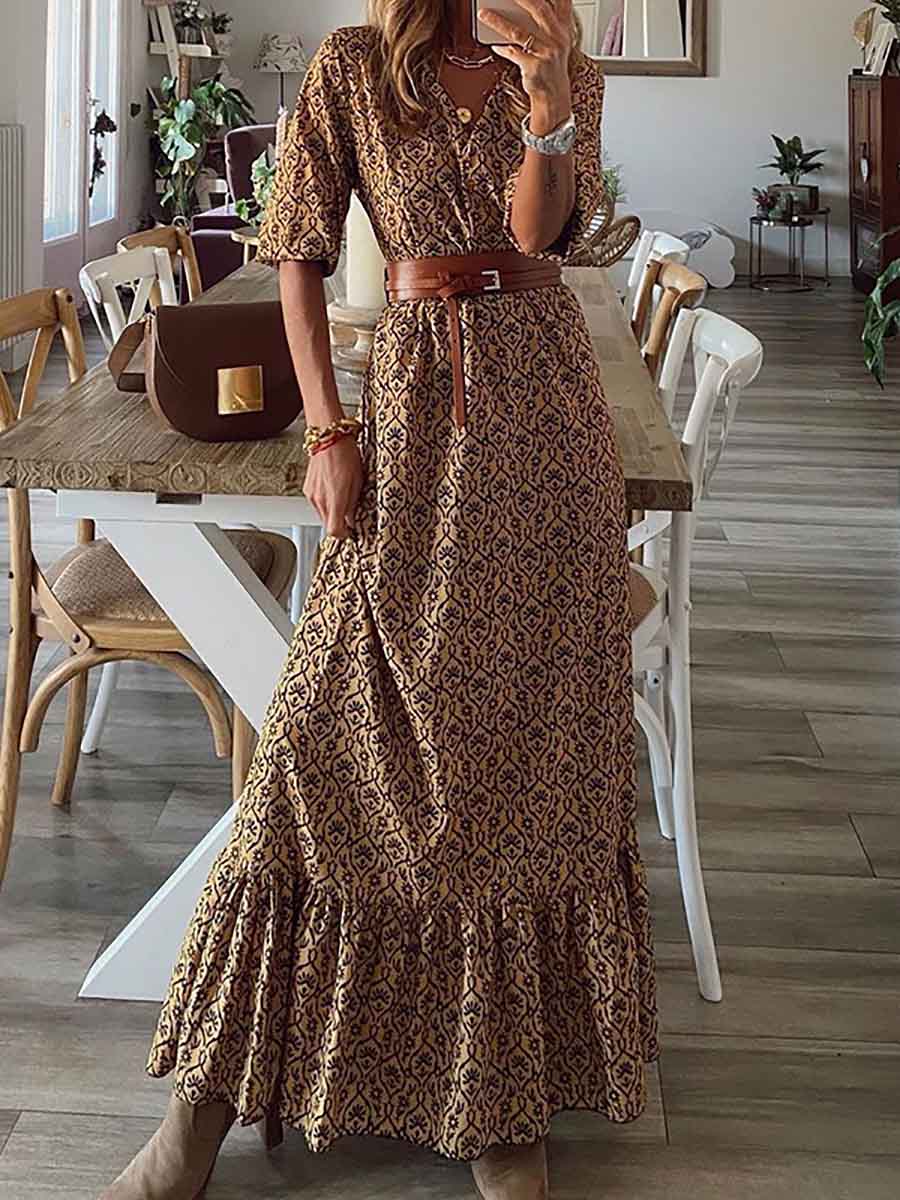 Veleaee Bohemian Print Short-Sleeved V-Neck Dress