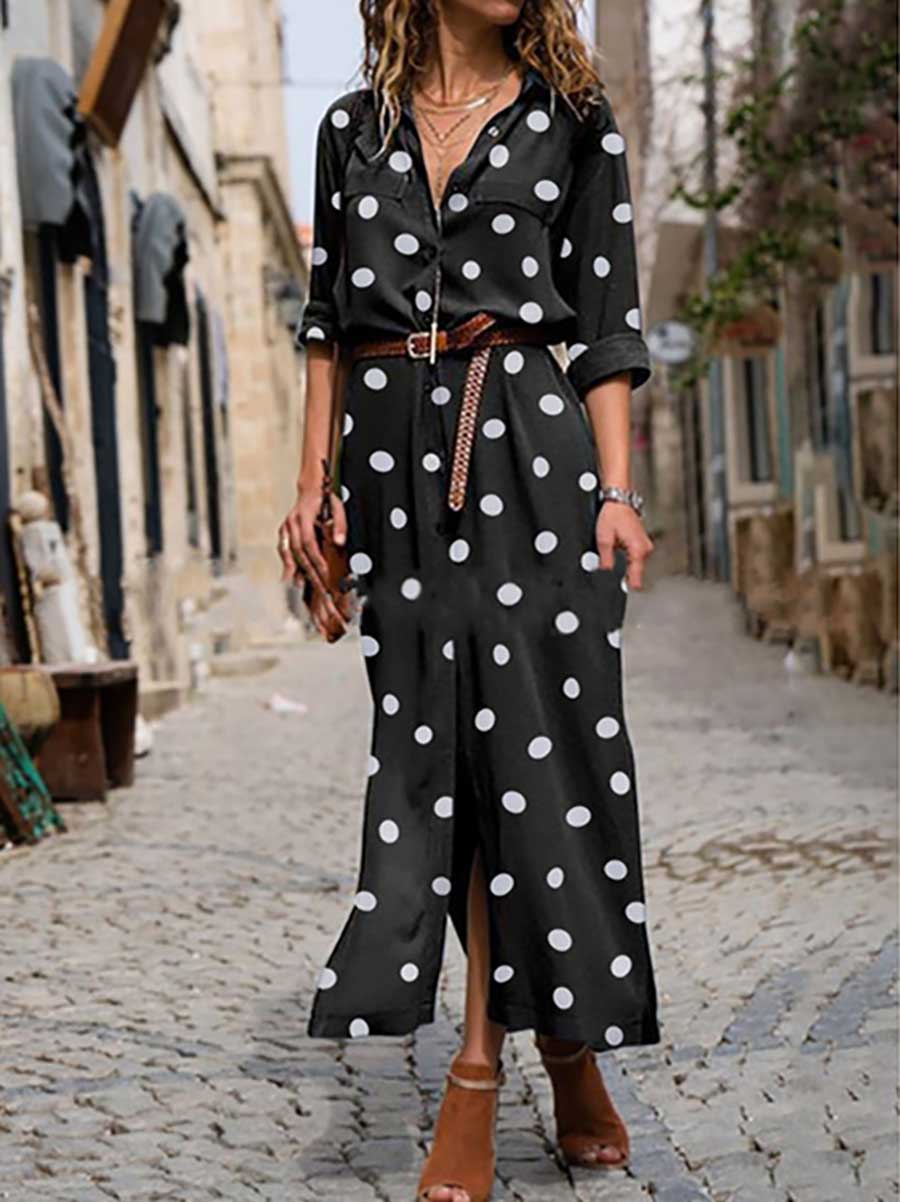 Veleaee Polka Dot Maxi Shirt Dress