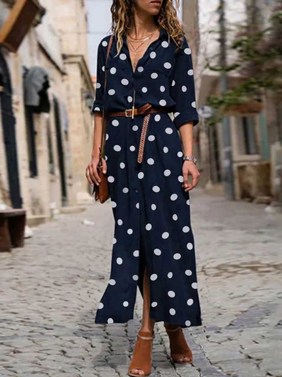 Veleaee Polka Dot Maxi Shirt Dress
