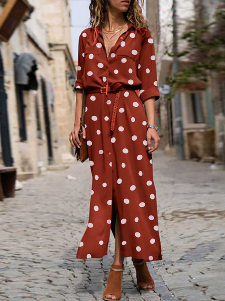 Veleaee Polka Dot Maxi Shirt Dress