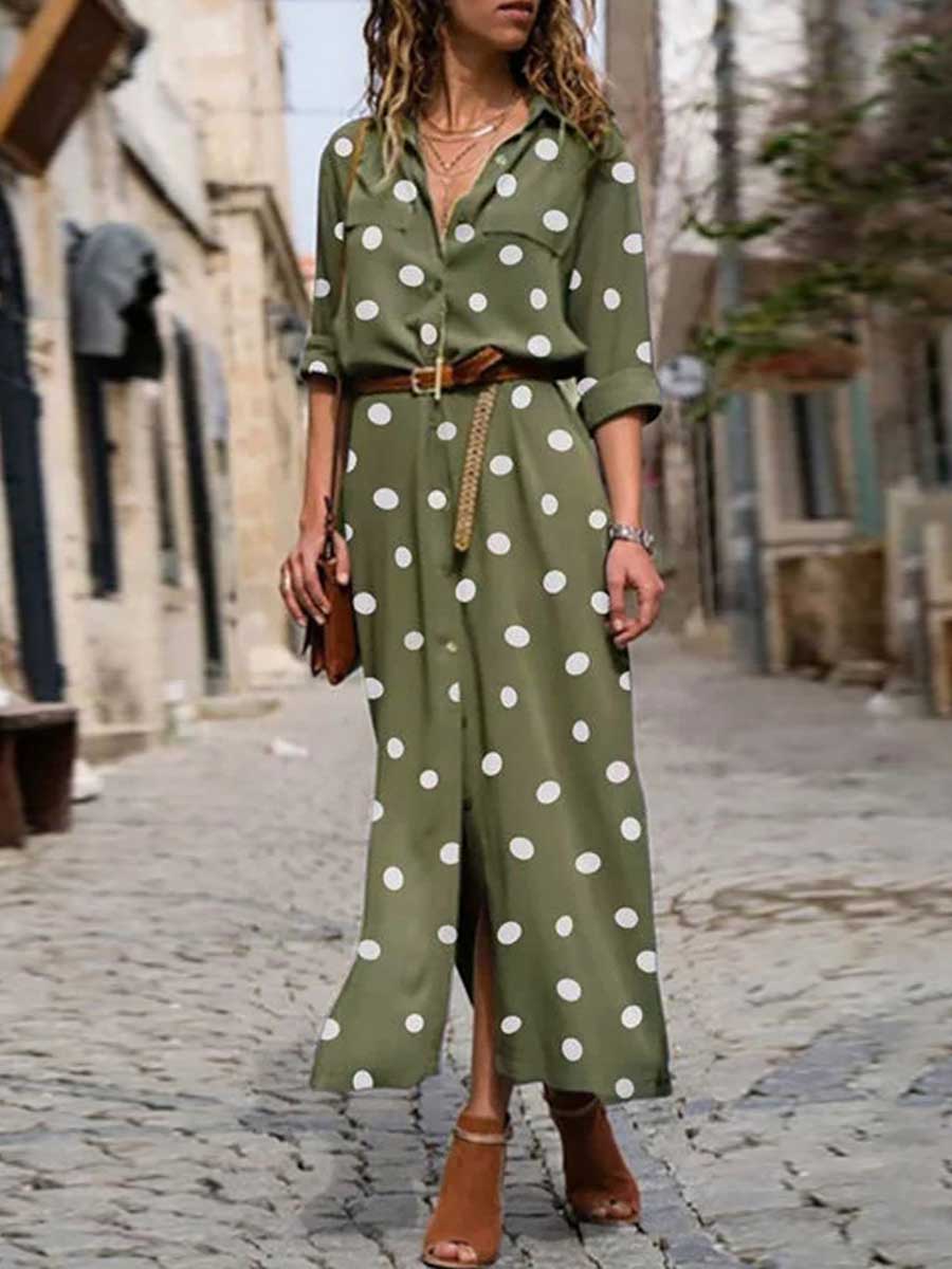 Veleaee Polka Dot Maxi Shirt Dress