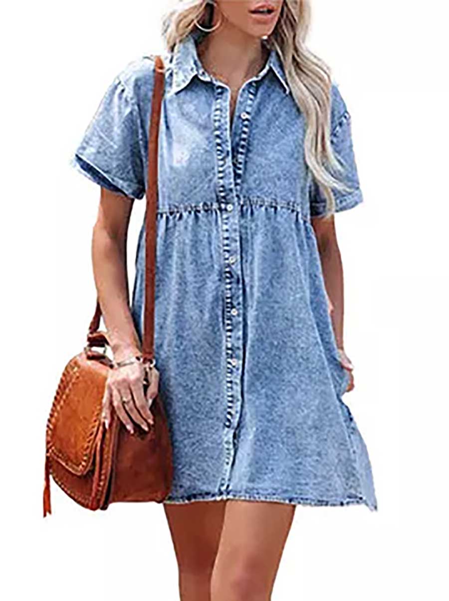 Veleaee Washed Denim Lapel Loose Sweetheart Ruffle Dress
