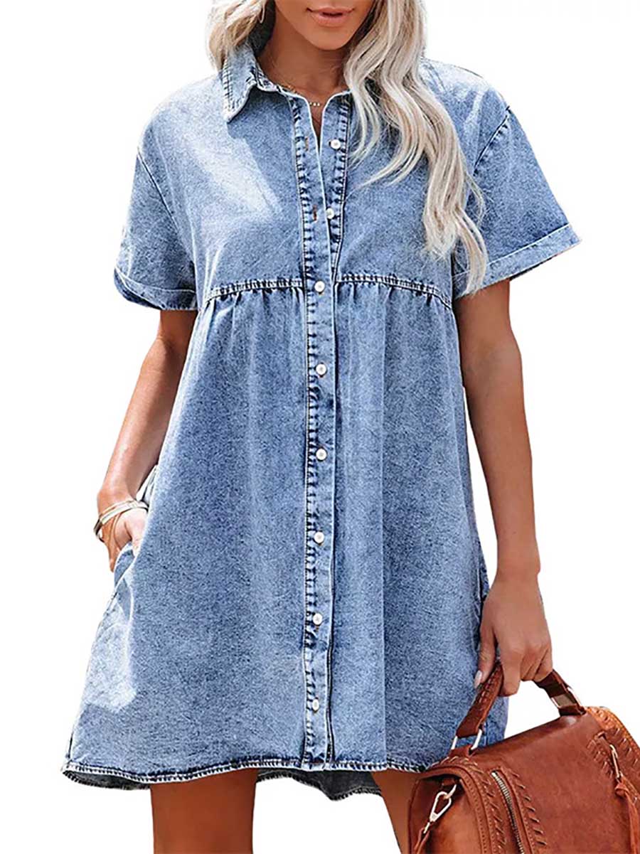 Veleaee Washed Denim Lapel Loose Sweetheart Ruffle Dress