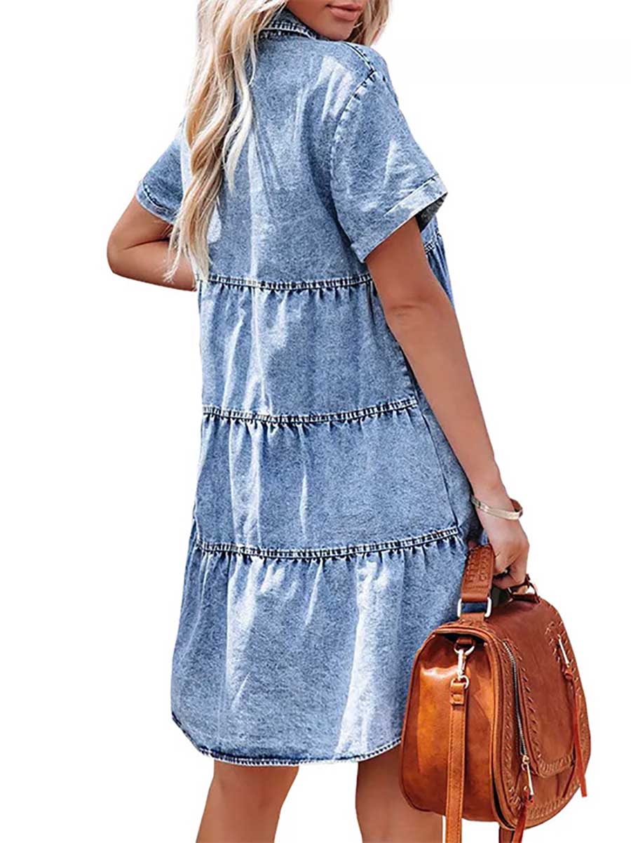 Veleaee Washed Denim Lapel Loose Sweetheart Ruffle Dress