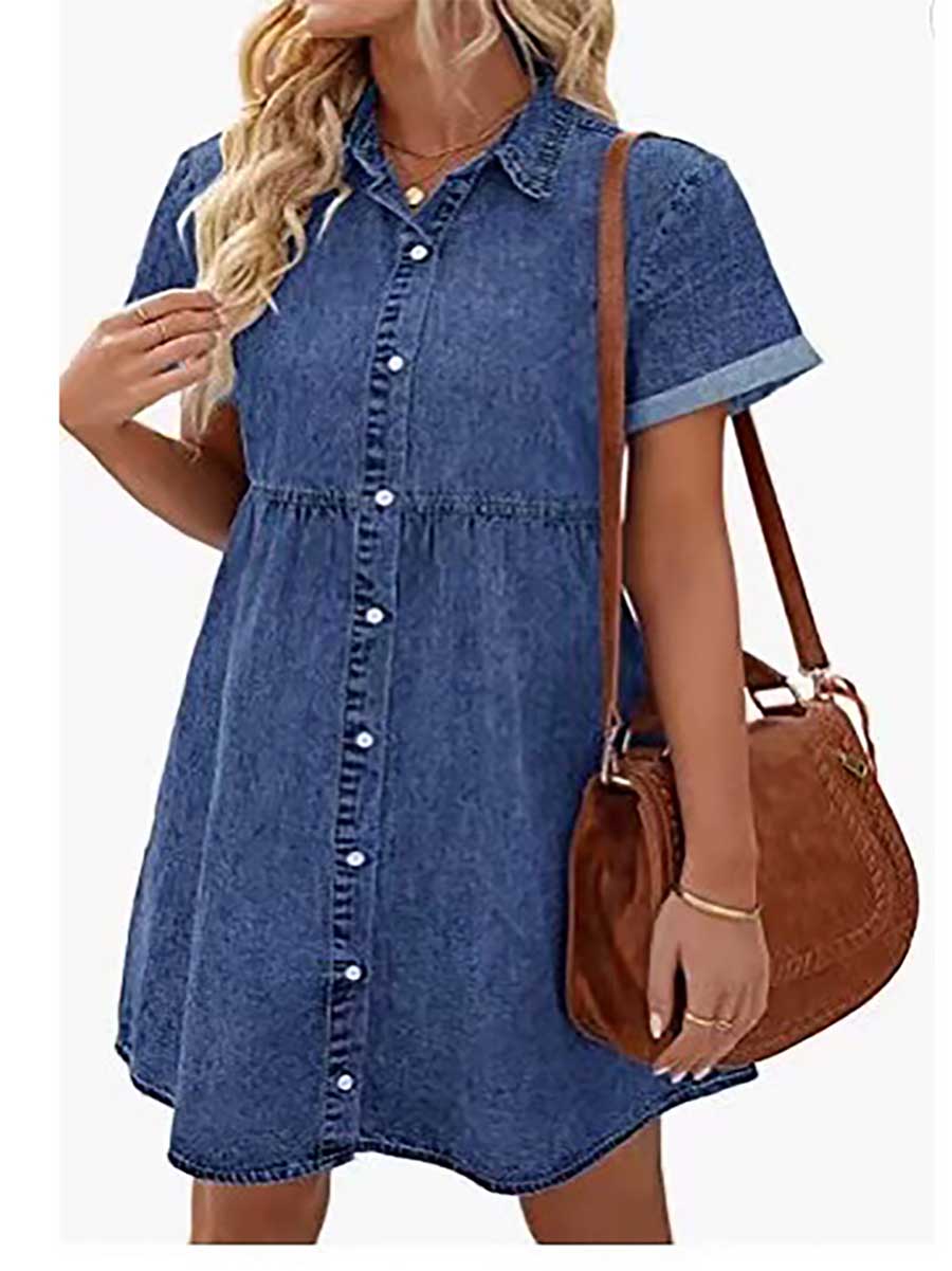Veleaee Washed Denim Lapel Loose Sweetheart Ruffle Dress