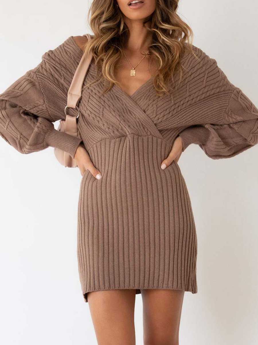 Veleaee V-neck Sexy Twist Mid-length Women's Sweater Wrap Skirt